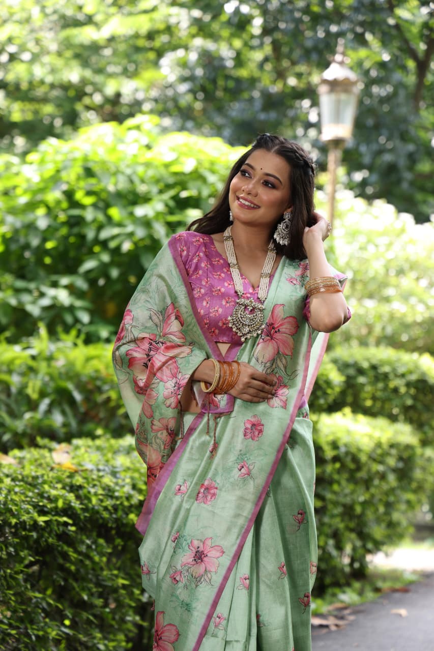 PISTA GREEN COLOR TREDITIONAL FLORAL PRINTED TUSSAR SILK SAREE