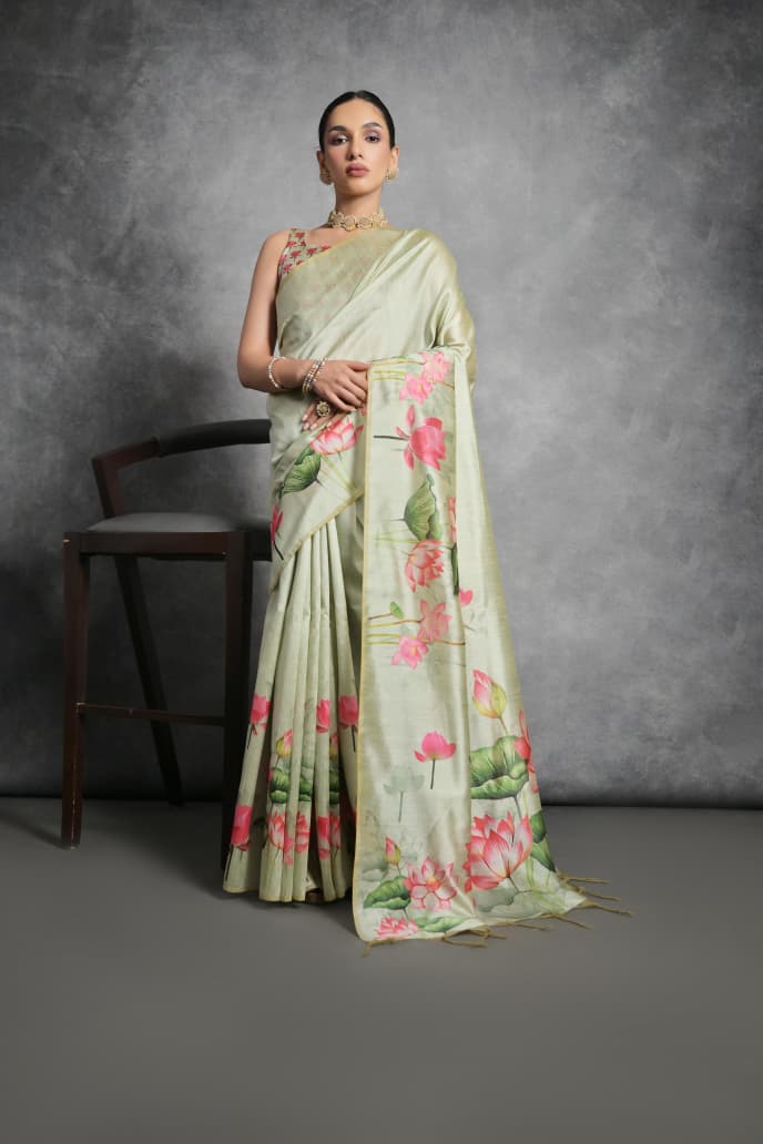 PISTA FLORAL PRINTED TUSSAR SILK SAREE