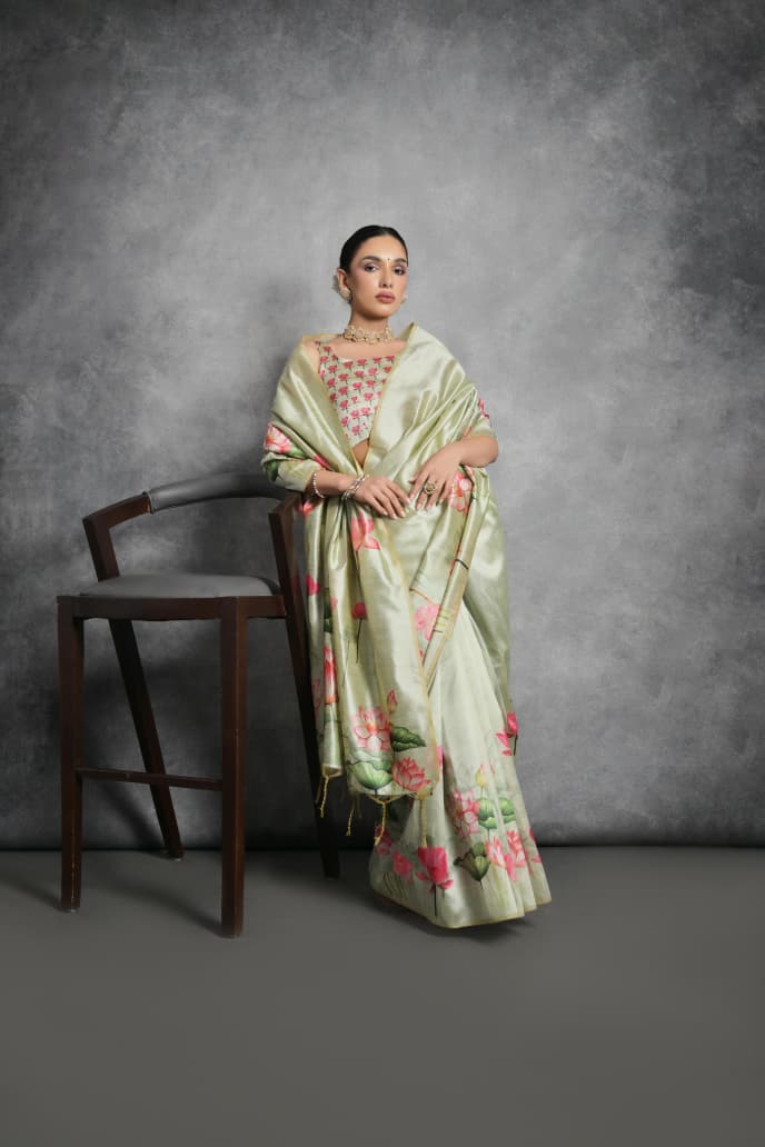PISTA FLORAL PRINTED TUSSAR SILK SAREE