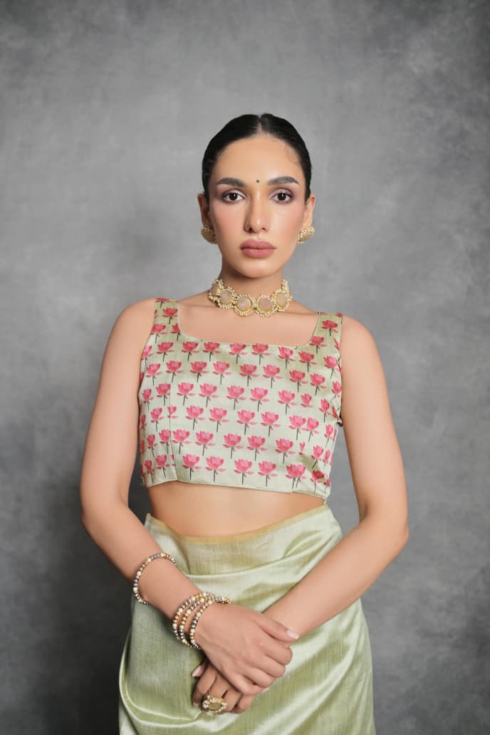 PISTA FLORAL PRINTED TUSSAR SILK SAREE