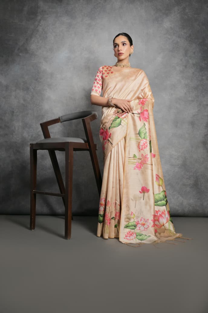 CREAM FLORAL PRINTED TUSSAR SILK SAREE