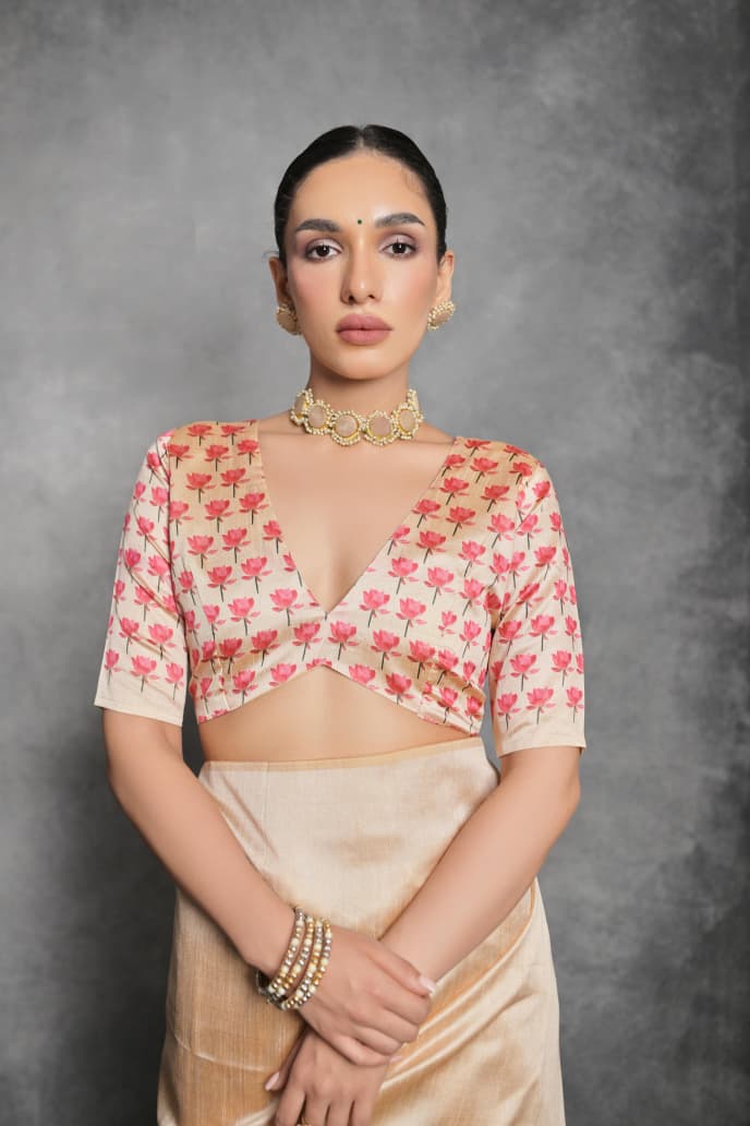 CREAM FLORAL PRINTED TUSSAR SILK SAREE