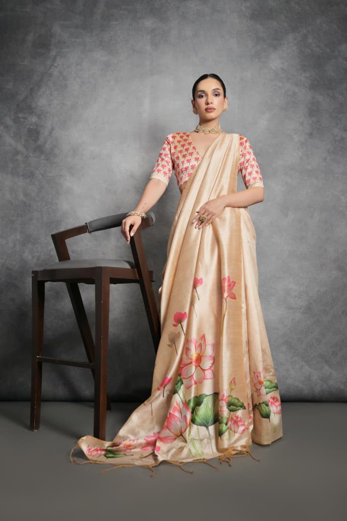 CREAM FLORAL PRINTED TUSSAR SILK SAREE