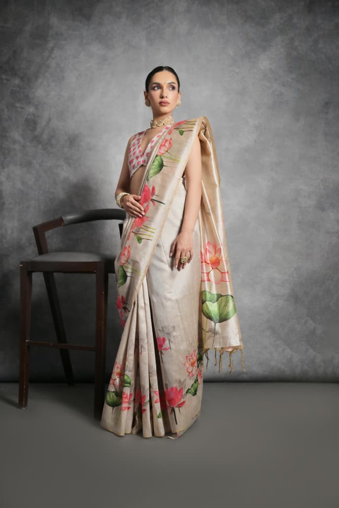 TASSAR COLOR FLORAL PRINTED TUSSAR SILK SAREE