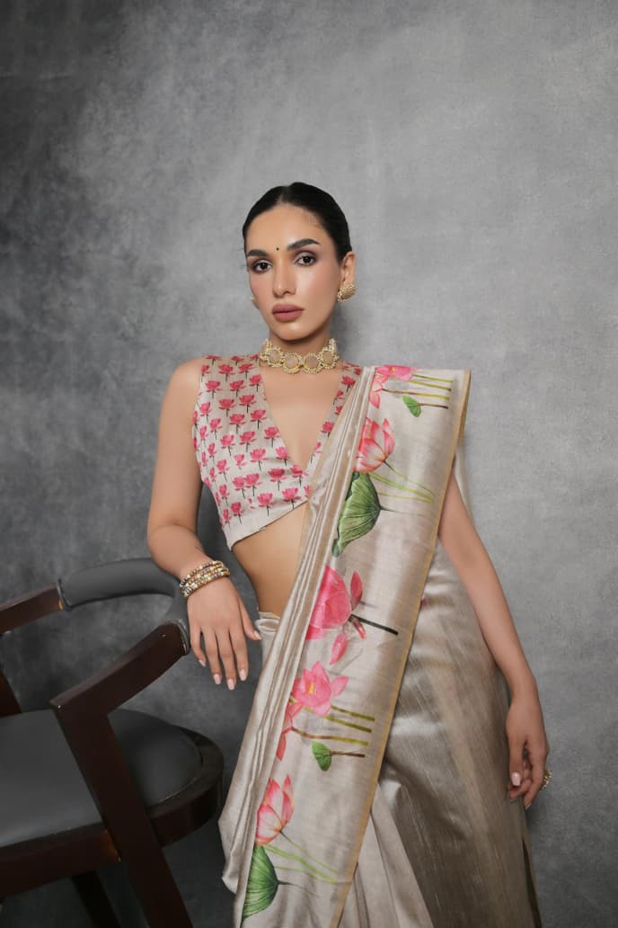 TASSAR COLOR FLORAL PRINTED TUSSAR SILK SAREE