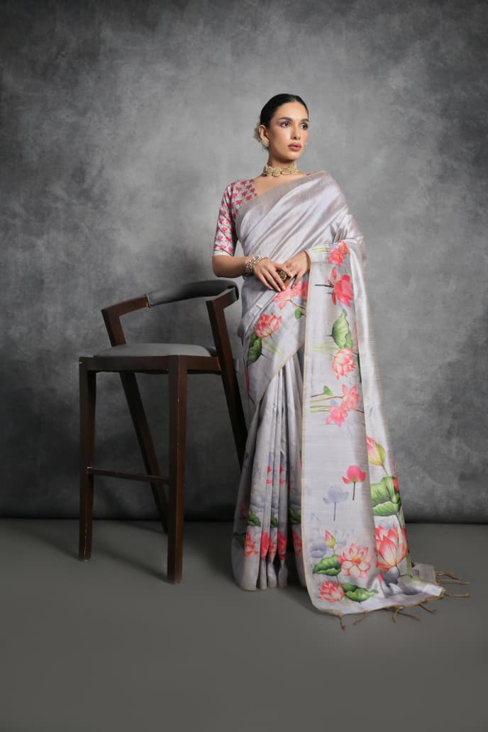 GREY COLOR FLORAL PRINTED TUSSAR SILK SAREE