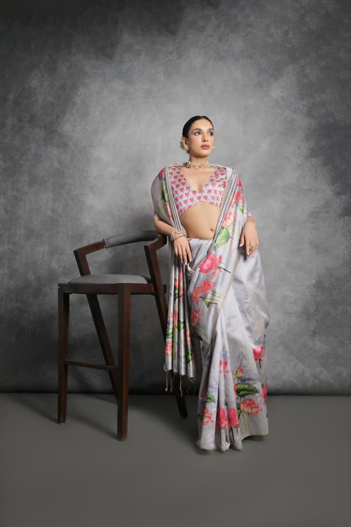 GREY COLOR FLORAL PRINTED TUSSAR SILK SAREE