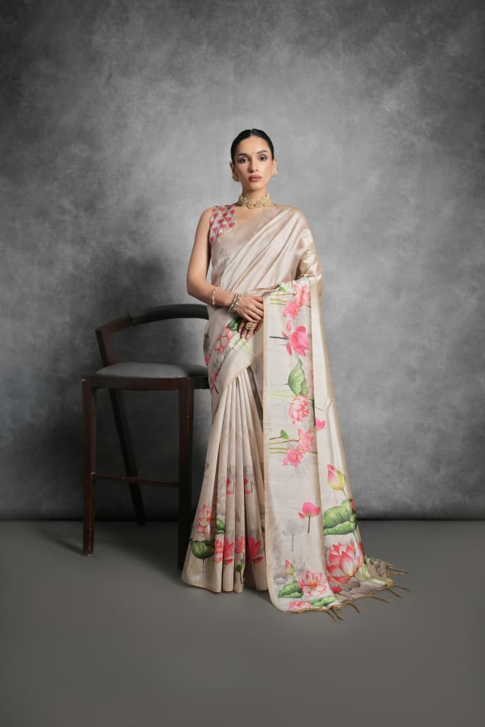 TASSAR COLOR FLORAL PRINTED TUSSAR SILK SAREE