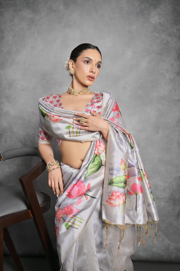 GREY COLOR FLORAL PRINTED TUSSAR SILK SAREE