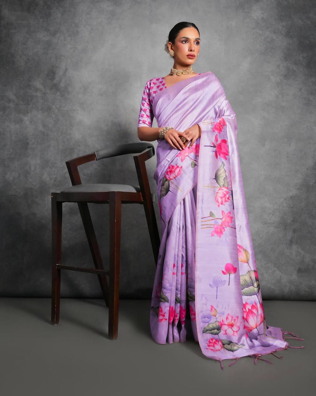 LEVENDER FLORAL PRINTED TUSSAR SILK SAREE